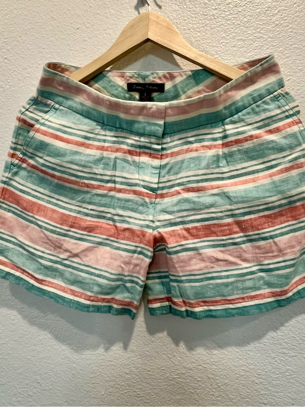adidas Striped Linen-Blend Women's Shorts in Mint, Coral & White like new